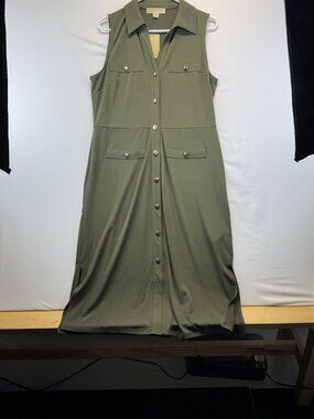 Michael Kors Olive Green Button Down Shirt Dress Sleeveless Faux Pockets Sz L